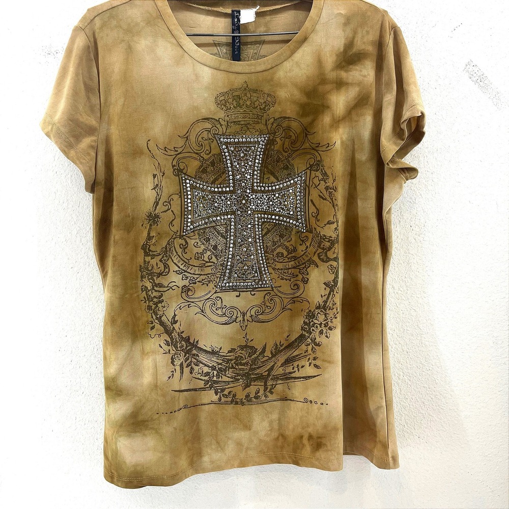 Y2K McBling Glam Rhinestone Cross Rock Tee Lady Noir Tan Distressed Top M VTG